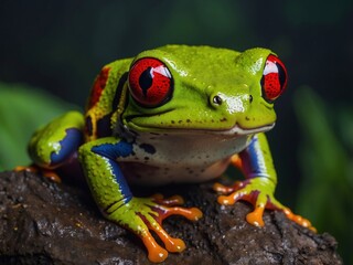 Close-Up Portrait of a Colorful Green Frog with Red Eyes in Tropical Rainforest Habitat