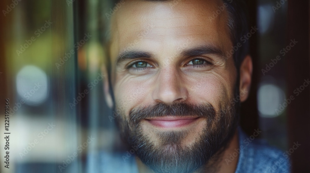 Poster smiling man with beard looking through window pane showcasing a warm and inviting expression in a po