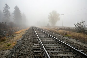 Fototapeta premium Railway track disappearing into thick fog