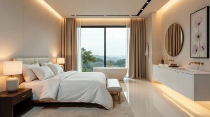Serene bedroom suite with modern minimalist design featuring a luxurious bed, freestanding bathtub, and stylish bathroom vanity, offering a panoramic view of tranquil nature from large window