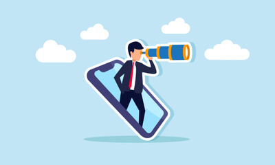 A businessman peering through a smartphone, illustration of a platform for analyzing a business problem
