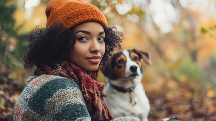 Autumn fashion portrait of a woman with curly hair and a dog in a vibrant nature setting with fall foliage.