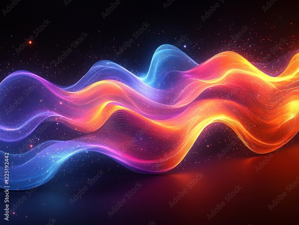 Sticker glowing neon abstract wave design with flowing vibrant lines on dark backdrop