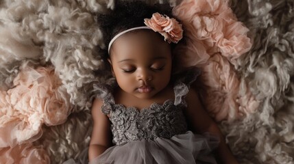 Fototapeta premium Serene baby girl in elegant dress resting on soft floral backdrop with gentle textures and pastel colors