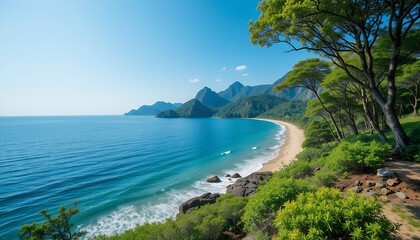 Fototapeta premium A Beautiful Beach View with Blue Water, Mountains and Green Trees on a Sunny Day