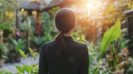 Young Asian businesswoman in garden reflecting on nature at sunset enhancing her relaxation and inspiration in a serene environment.