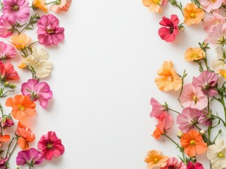 Obraz premium Beautiful, colorful flower border with Geranium on a white background, with space for text or design