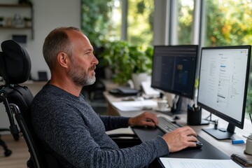 A thoughtful man works diligently at a desk with dual monitors, surrounded by greenery, showcasing a modern workspace designed for productivity and focus.