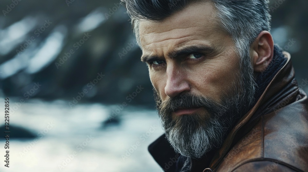 Poster mature man with striking beard and sharp features gazing contemplatively against a natural backdrop 