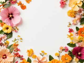 Obraz premium Beautiful, colorful flower border with Hibiscus on a white background, with space for text or design