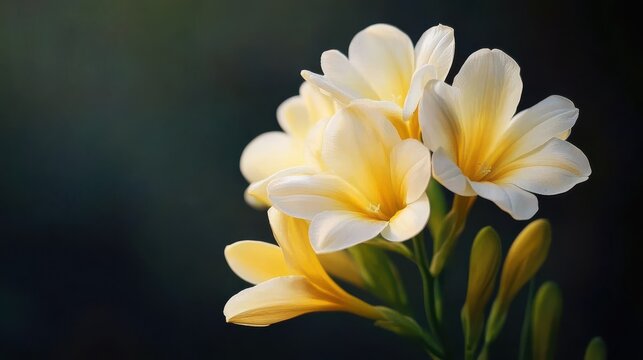 A selective focus shot of a beautiful yellow freesia flower with blurred dark background - Powered by Adobe