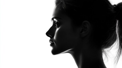Silhouette profile of a woman showcasing elegance and beauty against a bright background emphasizing facial features and contours.