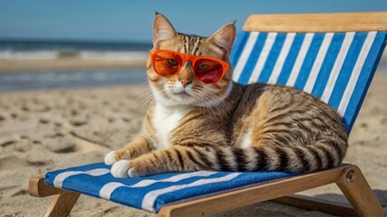 Cool Cat Lounging: Beach Scene in Summery Style