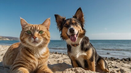 Beach Day Companions: A Ginger Cat and Happy Border Collie in Sunny Coastal Scene