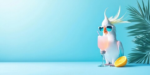 A playful cockatoo in sunglasses enjoys a pink drink, surrounded by a tropical setting with palm leaves and a lemon slice against a light blue background.