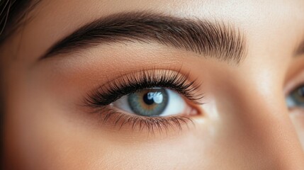 Fototapeta premium Close-up of a woman's eye showcasing long, voluminous eyelashes after an eyelash extension procedure in a beauty salon setting.