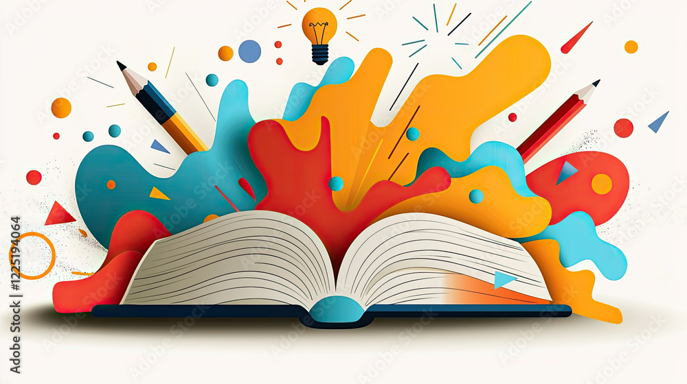 Poster open book with colorful splashes and creative elements