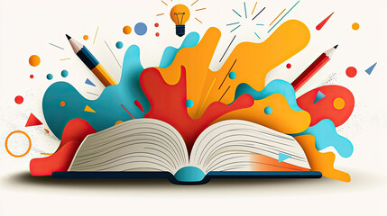 Open book with colorful splashes and creative elements