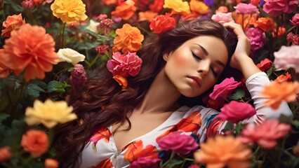 Naklejka premium Beautiful woman with sensual maroon lips lying among flowers. Cosmetics, make-up. Perfumery.