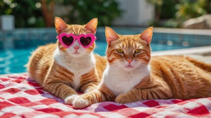 Cool Cats Poolside: Two Orange Tabbies in Heart Sunglasses