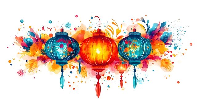 Vibrant Lunar Festival Lanterns with Colorful Bursts and Explosions
