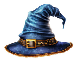magical blue wizard hat with golden buckle and fur trim, perfect for fantasy themes. This enchanting accessory adds whimsical touch to any costume or illustration