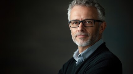 Professional businessman portrait with glasses against dark background showcasing confidence and experience in a studio setting