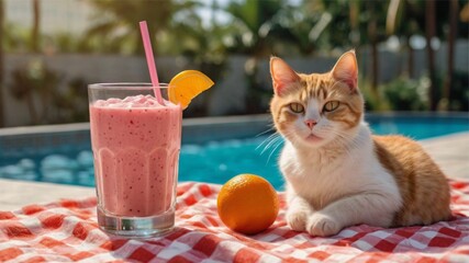 Relaxing Cat by Poolside with Summer Smoothie
