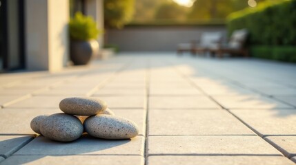 Serene Stack of Stones on a Sunlit Patio, Creating a Peaceful and Tranquil Outdoor Ambiance