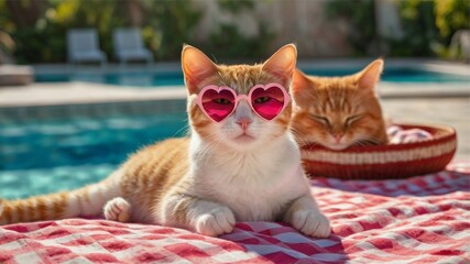 Cool Cats Poolside: Heart Sunglasses, Summer Fun