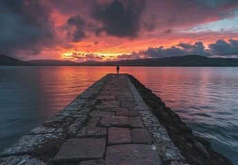 A person stands on a pier looking out at the ocean