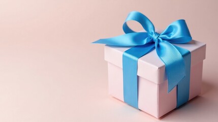 Obraz premium A Delicate Pink Gift Box Adorned with a Light Blue Satin Ribbon Bow