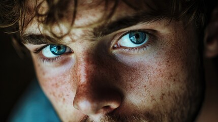Naklejka premium Close-up portrait of a young man with blue eyes and curly hair showcasing freckles against a soft blurred background.