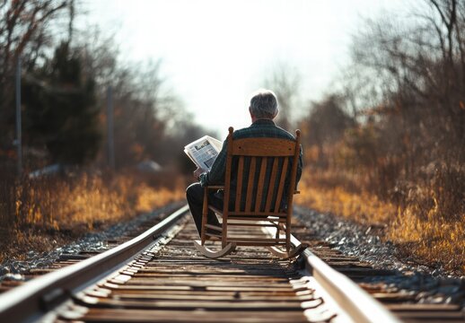 A man is sitting in a rocking chair on a train track