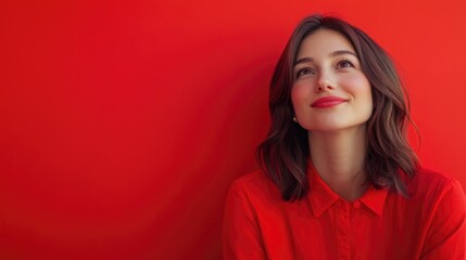 Young woman with brunette hair smiling and pondering thoughtfully while looking to the side against a vibrant red background