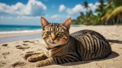 Serene Tabby Cat on a Tropical Beach: A Sun-Kissed Portrait