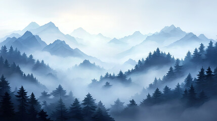 Misty mountains and evergreen trees create serene landscape