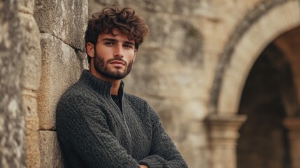 Obraz premium Stylish young man with curly hair in zip sweater leaning against ancient stone wall exuding charm and confidence in a historic setting