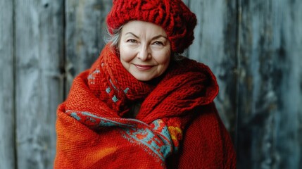 Obraz premium Cheerful elderly woman in red knitted shawl and beret posing with joy in ethnic Slavic style against rustic wooden backdrop