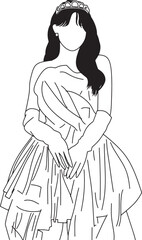 Minimalist black and white line art of a woman wearing a stylish gown and a tiara,showcasing elegance and simplicity.