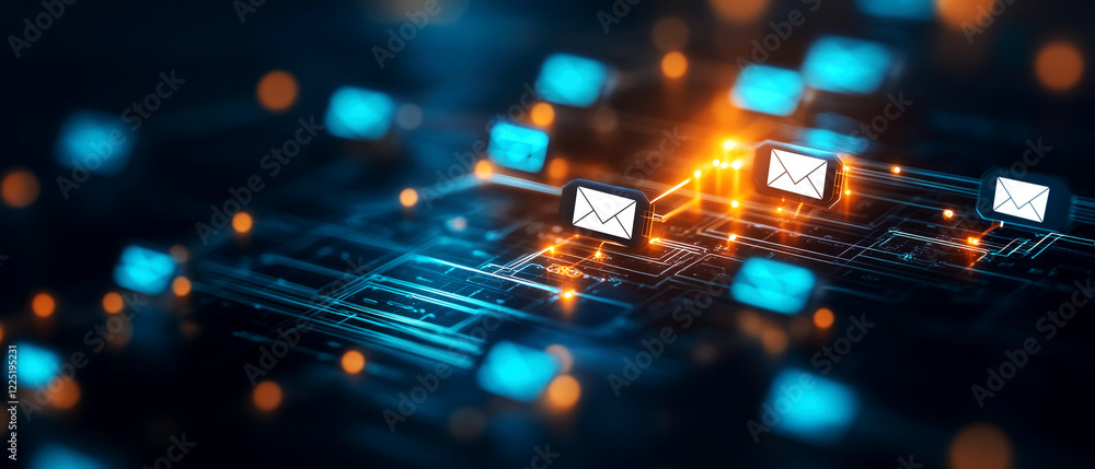 Poster dynamic email communication strategies digital workspace infographic tech environment close-up view 