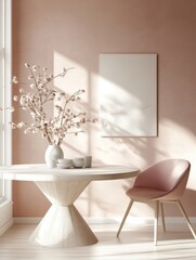 White wooden round table in the foreground against the wall with copy space and pink chair in the background in bright living room interior