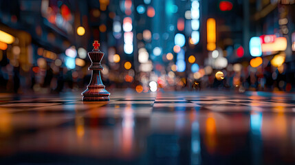 Fototapeta premium chess piece stands out on city street at night