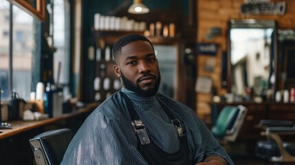 Confident African American barber seated in traditional barbershop interior with empty copy space for promotional text or messaging