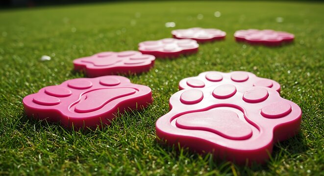 Playful pink paw prints, outdoor toys for kids.  Lawn games, pet training.