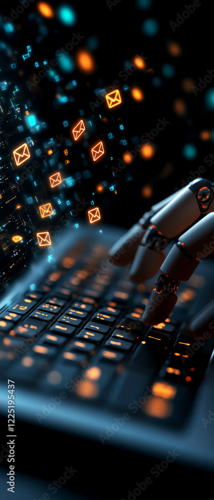 Poster innovative email automation robotic hand typing messages digital workspace futuristic concept close-