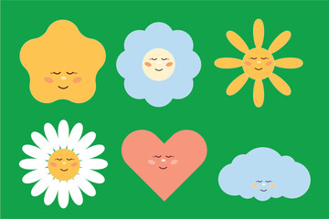 Funny Cute Flower and Sun Smiling Face Kawaii Character Cartoon Element Icon Collection	
