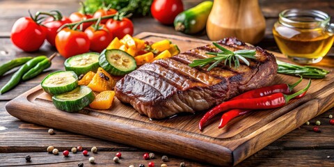 Grilled steak with roasted bell peppers and zucchini on a wooden cutting board , kitchen table, fresh vegetables