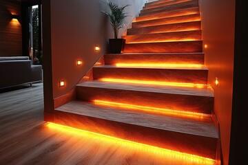 Warm-toned LED lights illuminate modern staircase creating a welcoming and safe ambiance The sleek design enhances the home's interior