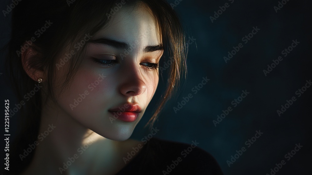 Poster young girl with soft features and gentle expression illuminated against a dark background creating a